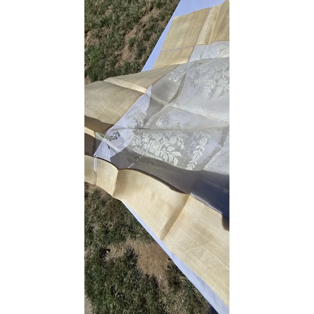 Beige/Ivory Embroidered Floral Square Fabric Tablecloth w/ matching napkins